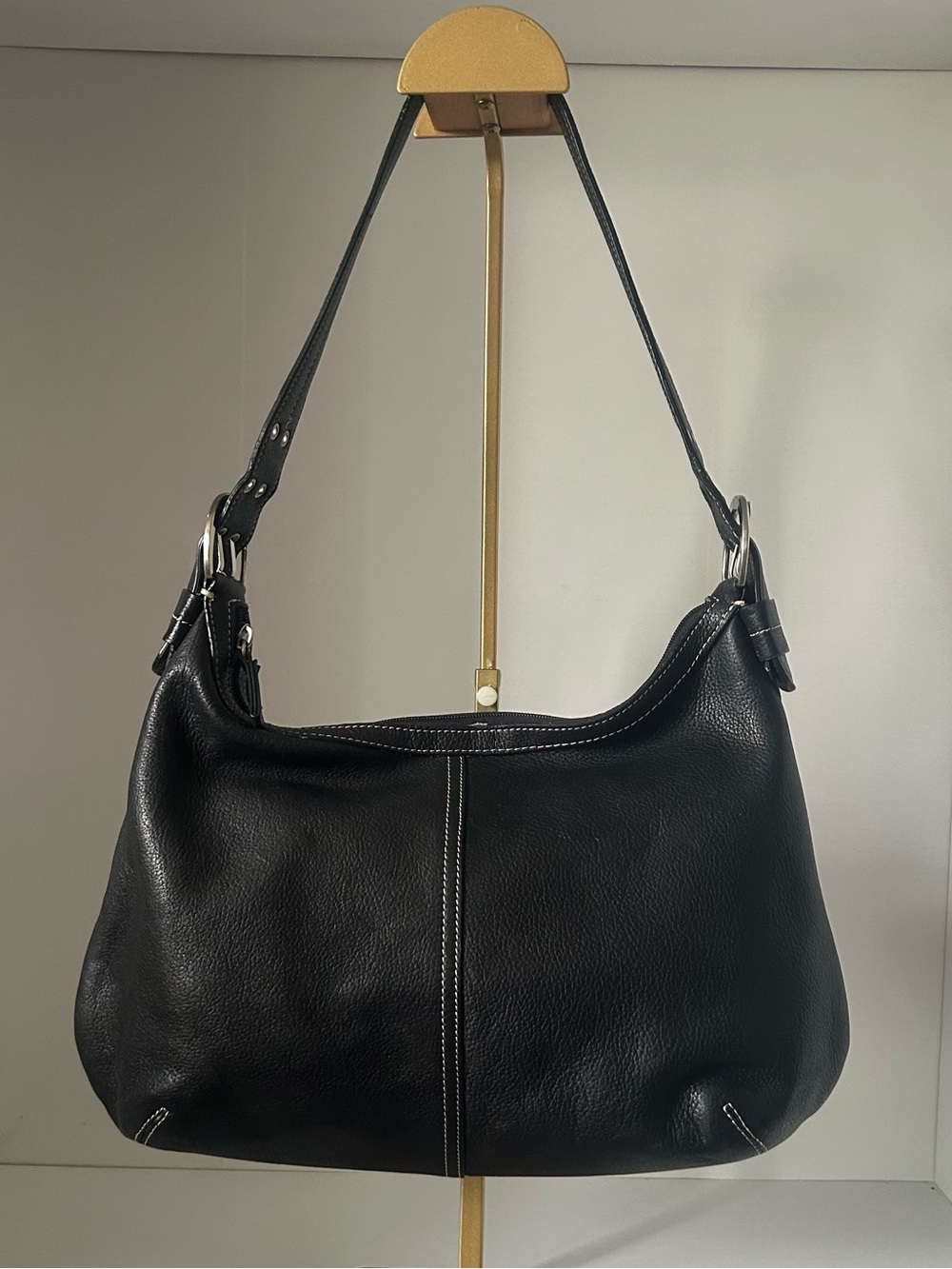 Tignanello Black Leather Shoulder Bag with Silver Hardware